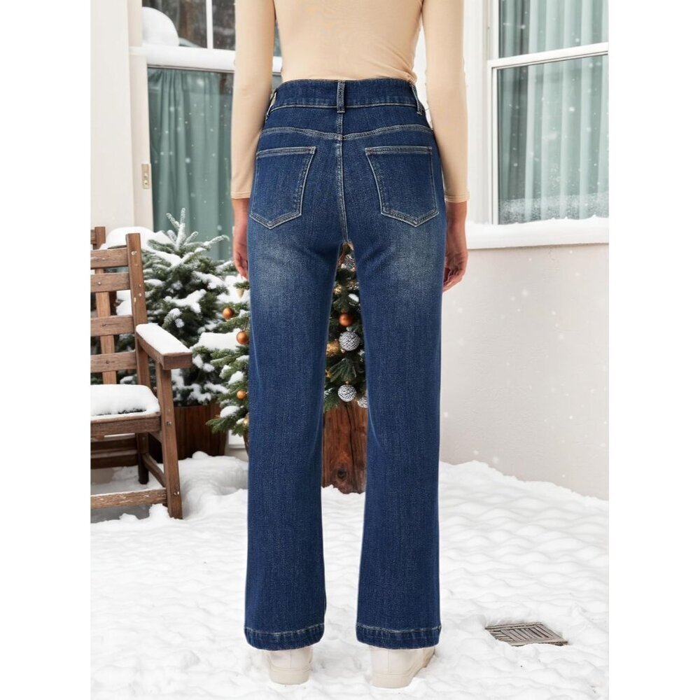 Women's Fleece Lined Jeans Large Wide Straight High Waist Winter Denim - Picture 5 of 6